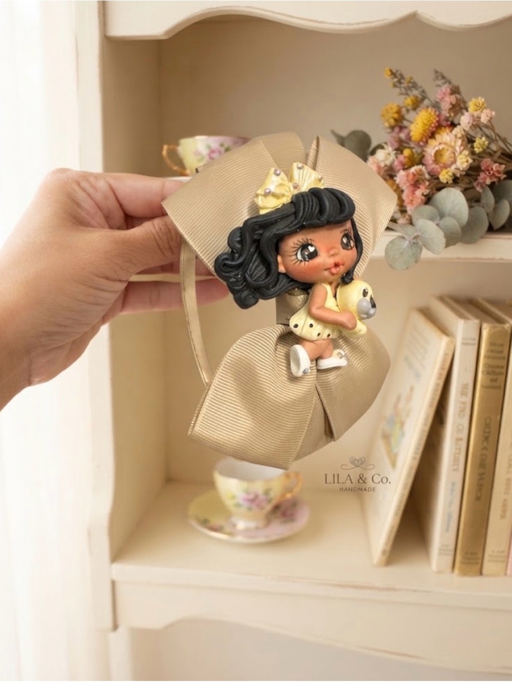 Custom clay Beige Bow Headband with Doll for Kids - Picture 3 of 3